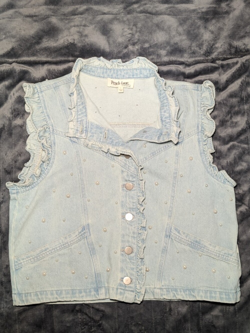 Good American Light Blue Pearl-Studded Ruffle Denim Vest